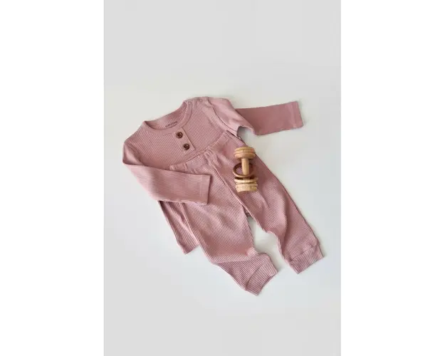 Set bluzita cu maneca lunga si pantaloni lungi din bumbac organic si modal - Roz BabyCosy (Marime: 9-12 luni)