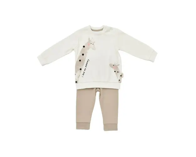 Set bluzita cu maneca lunga si pantaloni lungi Girafa, BabyCosy, 100% bumbac organic, Ecru (Marime: 18-24 Luni)