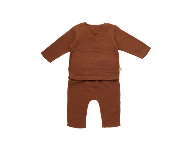 Set bluzita petrecuta si pantaloni lungi din muselina, BabyCosy, 100% bumbac organic, Caramiziu (Marime: 6-9 luni)