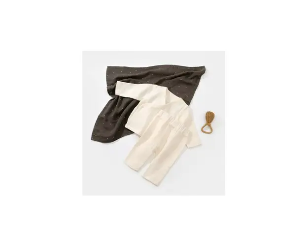 Set bluzita petrecuta si pantaloni lungi din muselina, BabyCosy, 100% bumbac organic, Ecru (Marime: 9-12 luni)
