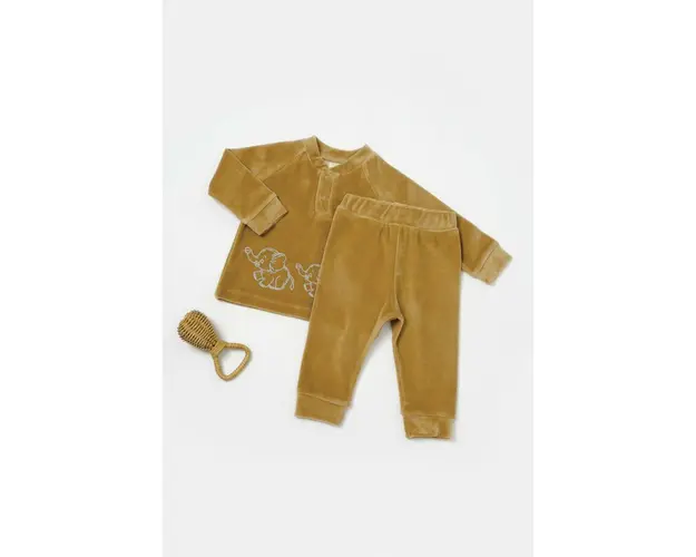 Set bluzita si pantaloni Elefant, 80%bumbac organic si 20% poliester - Mustar, BabyCosy (Marime: 9-12 luni)