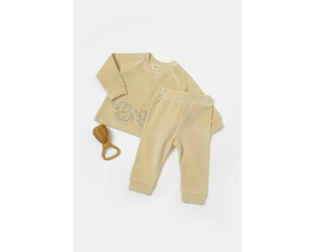 Set bluzita si pantaloni Elefant, 80%bumbac organic si 20% poliester - Stone, BabyCosy (Marime: 6-9 luni)