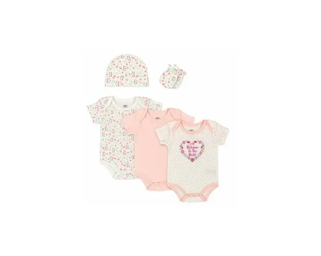 Set cadou bebe 5 piese bumbac model floricele 3-6 luni
