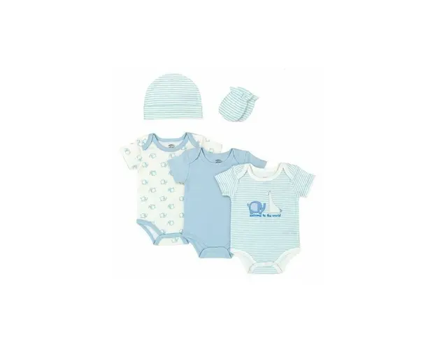 Set cadou bebe 5 piese bumbac model girafa si elefant 3-6 luni