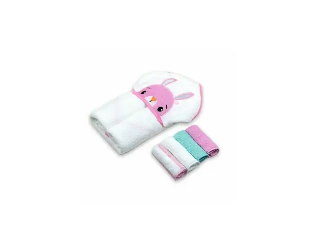 Mother's choice - Set cadou bebelusi cu 4 mini prosopele si prosop cu gluga din bumbac - iepuras