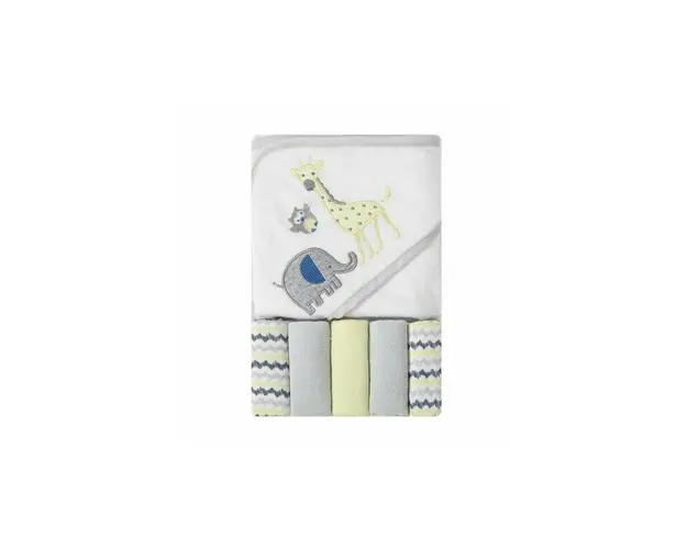 Set cadou bebelusi cu 5 mini prosopele si prosop de baie cu gluga - model animalute