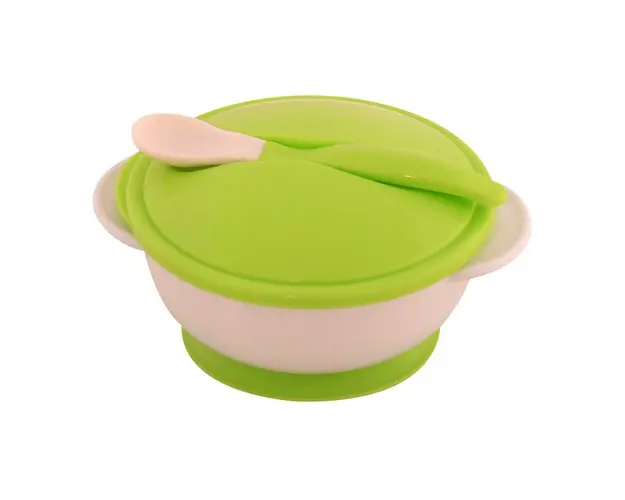 Castron, Lorelli, Cu ventuza, Cu capac si lingurita, Fara BPA, 13x8 cm, 6 luni+, Green