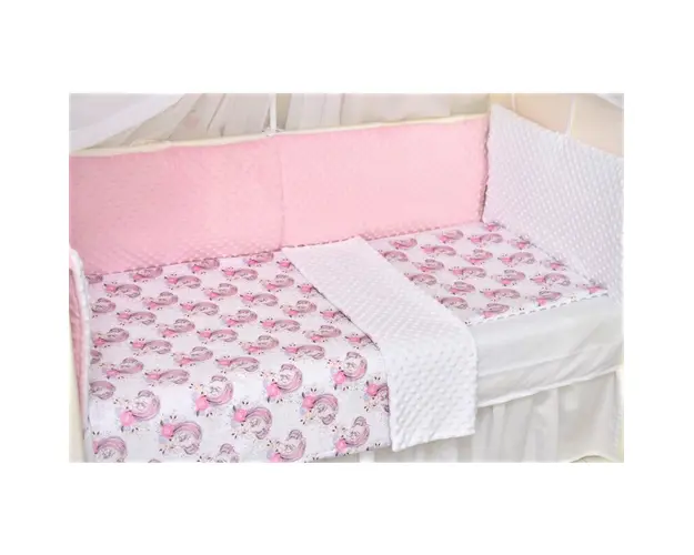 Set complet 7 piese model unicorni si plus minky alb roz patut 120x60 cm