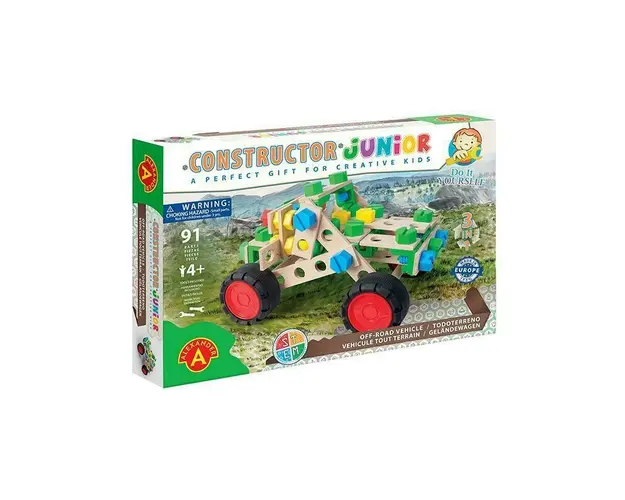 Set constructie 90 piese din lemn Constructor Junior- 3 in 1 Vehicule off road, Alexander