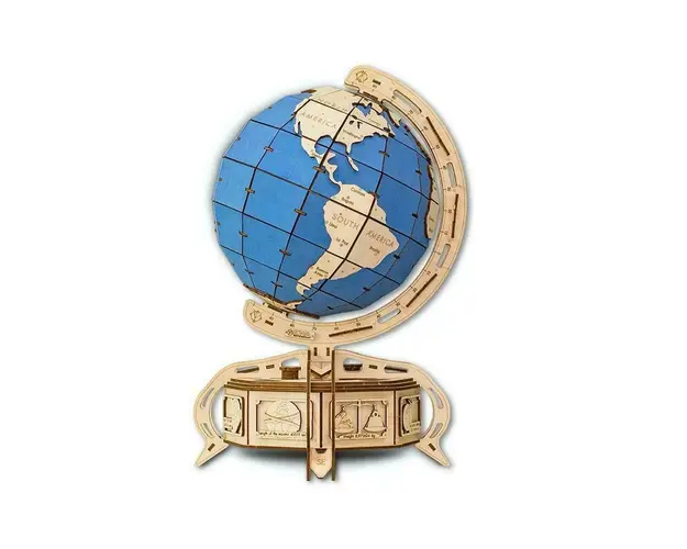 Set constructie cu mecanism Puzzle 3D THE GLOBE albastru din lemn 393 piese @ EWA