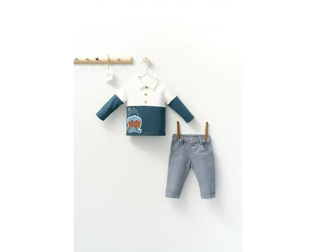 Set cu blugi si bluzita cu guleras pentru bebelusi Monster, Tongs baby (Culoare: Turcoaz, Marime: 9-12 luni)