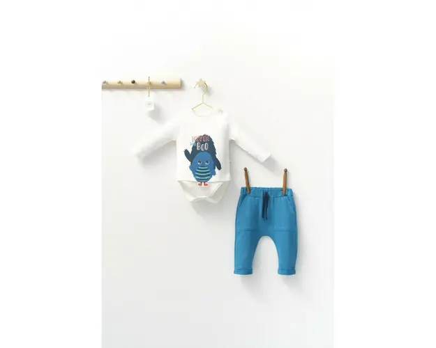 Set cu pantalonasi cu buzunare si body cu maneca lunga pentru bebelusi Monster, Tongs baby (Culoare: Albastru, Marime: 9-12 luni)