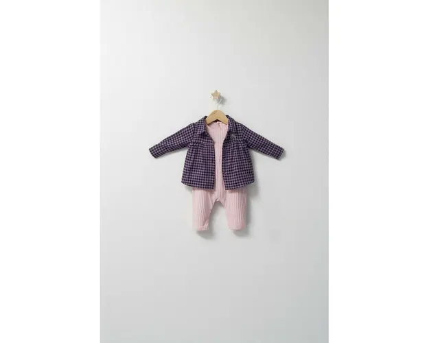 Set cu salopeta si camasuta in carouri pentru bebelusi Ballon, Tongs baby (Culoare: Mov, Marime: 3-6 Luni)