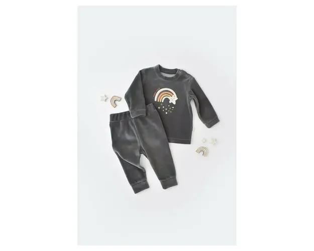 Set Curcubeu cu bluzita cu maneca lunga si pantaloni lungi din 80%bumbac organic si 20% poliester - Antracit, BabyCosy (Marime: 3-6 Luni)