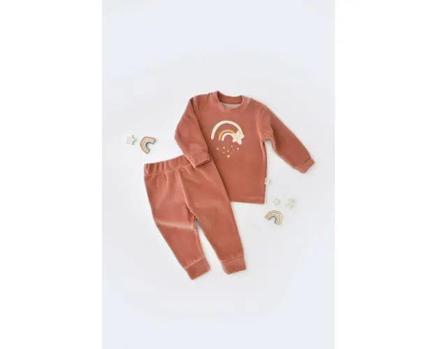 Set Curcubeu cu bluzita cu maneca lunga si pantaloni lungi din 80%bumbac organic si 20% poliester - Caramiziu, BabyCosy (Marime: 9-12 luni)