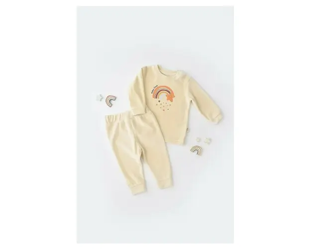 Set Curcubeu cu bluzita cu maneca lunga si pantaloni lungi din 80%bumbac organic si 20% poliester - Crem, BabyCosy (Marime: 6-9 luni)