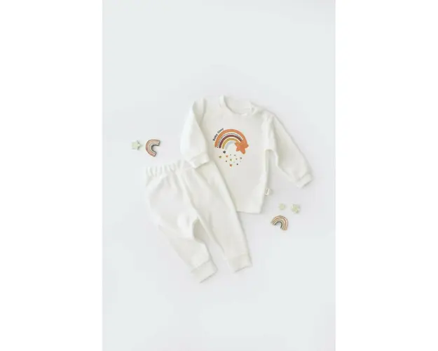 Set Curcubeu cu bluzita cu maneca lunga si pantaloni lungi din 80%bumbac organic si 20% poliester - Ecru, BabyCosy (Marime: 18-24 Luni)