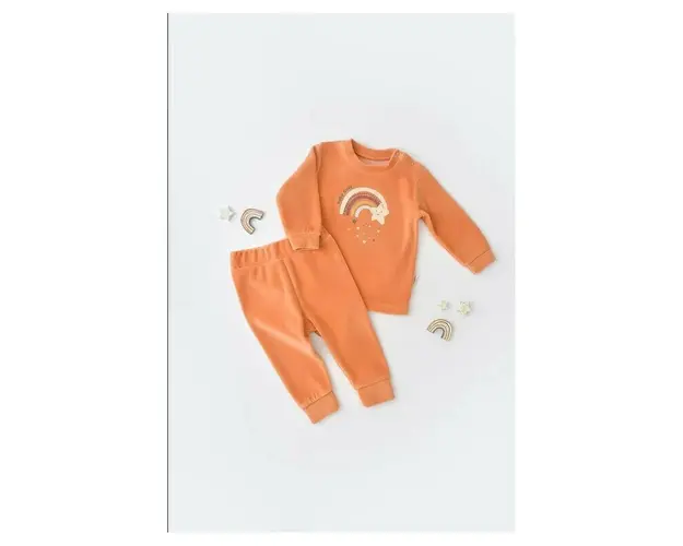 Set Curcubeu cu bluzita cu maneca lunga si pantaloni lungi din 80%bumbac organic si 20% poliester - Portocaliu, BabyCosy (Marime: 3-6 Luni)
