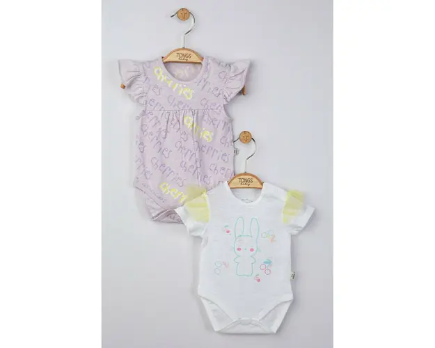 Set de 2 body-uri cu volanase mov pentru nou nascuti, Tongs baby (Marime: 6-9 luni)