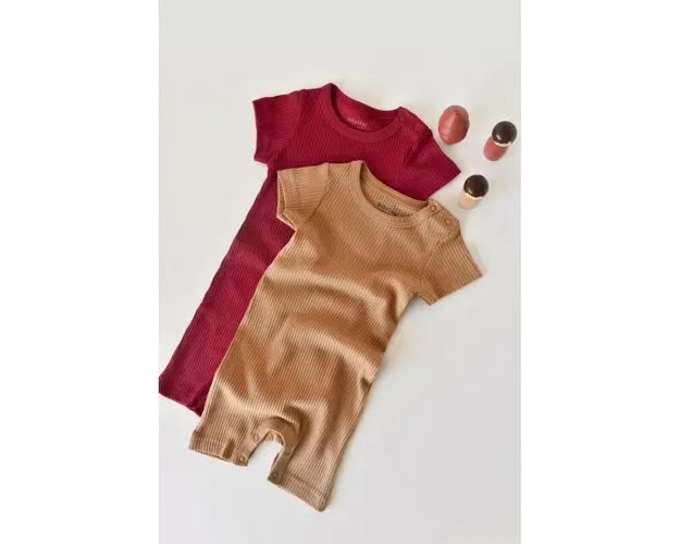 Set de 2 salopetele cu maneca scurta din bumbac organic si modal - Rosu/ Maro BabyCosy (Marime: 3-6 Luni)