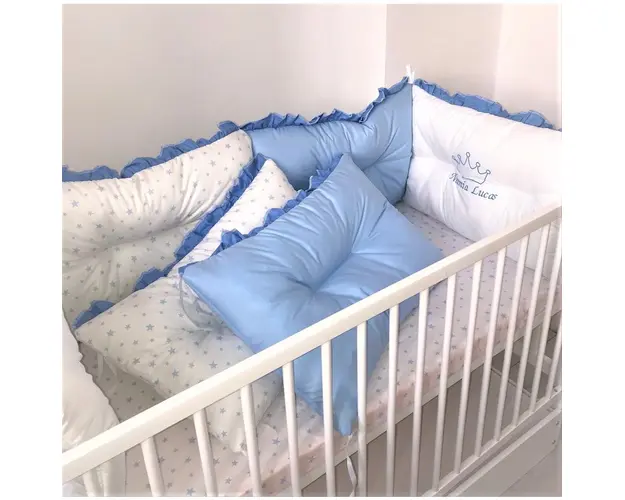 Set de 6 bucati aparatori protectii laterale patut 140x70 cm Deseda Albastru- Stelute albastre pe alb