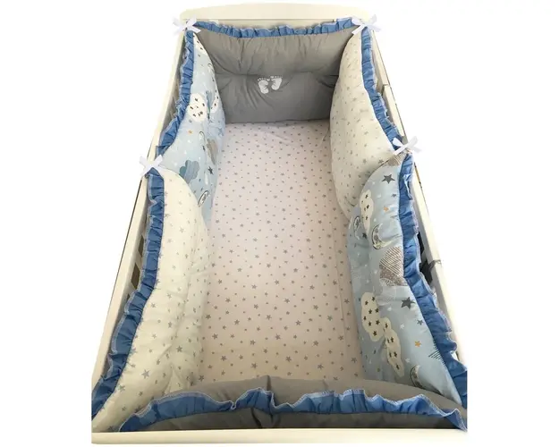 Set de 6 bucati aparatori protectii laterale patut 140x70 cm Deseda Gri-norisori-stelute albastre