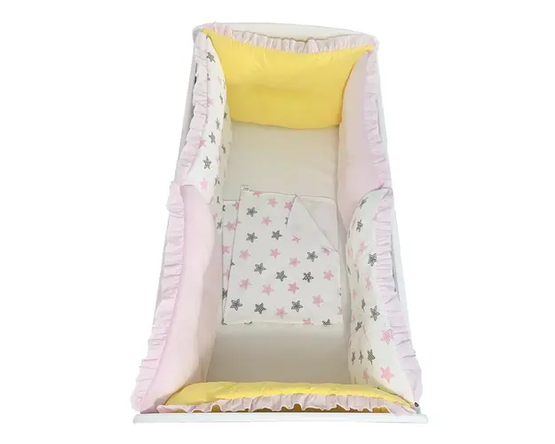 Set de 6 bucati aparatori protectii laterale patut 140x70 cm Deseda Roz pal - Galben - Stelute roz gri