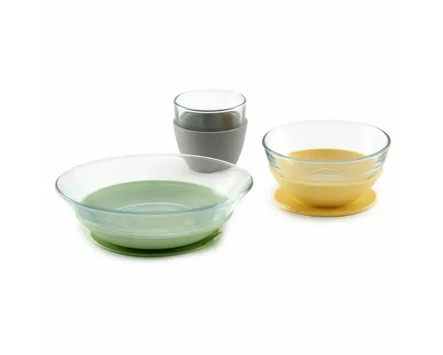Set de masa Beaba 3 piese din sticla Duralex cu suport antiaderent Yellow