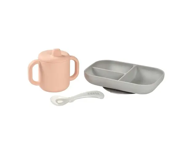 Set de masa silicon cu cana Beaba Old Pink