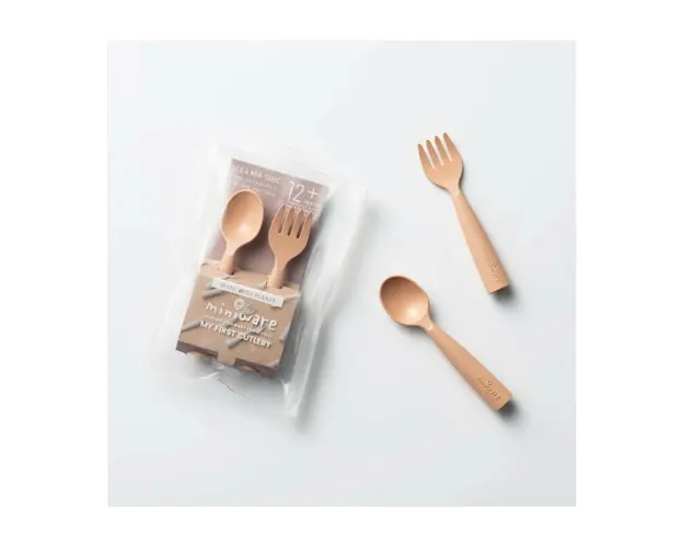 Set de tacamuri bebelusi Miniware My First Cutlery, 100% din materiale naturale biodegradabile, Toffee