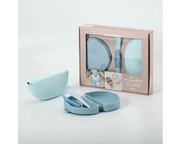 Set diversificare hrana bebelusi Miniware Sili Mini GO, 100% din materiale naturale biodegradabile, 3 piese, Blue Banana