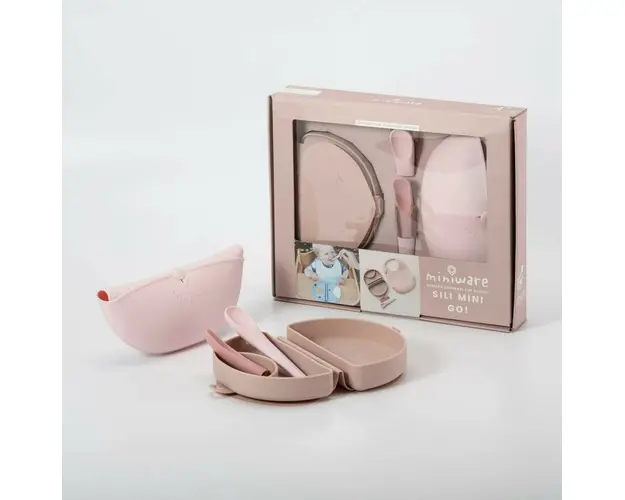 Set diversificare hrana bebelusi Miniware Sili Mini GO, 100% din materiale naturale biodegradabile, 3 piese, Pink Antioxidant