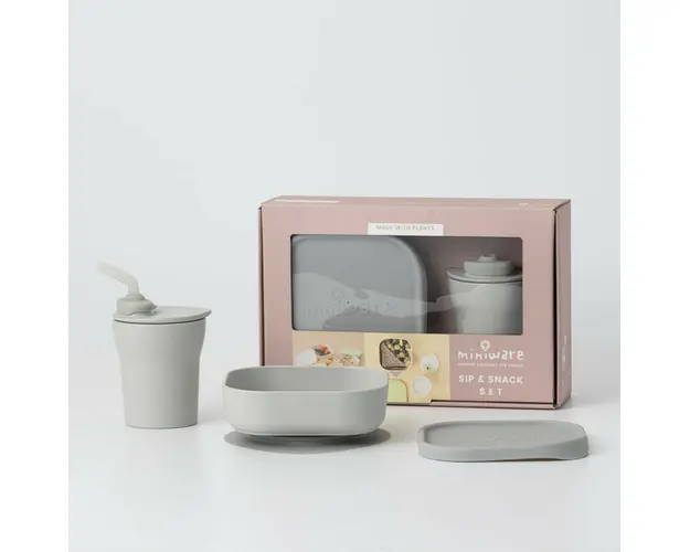 Set diversificare hrana bebelusi Miniware Sip&Snack, 100% din materiale naturale biodegradabile, 3 piese, Grey
