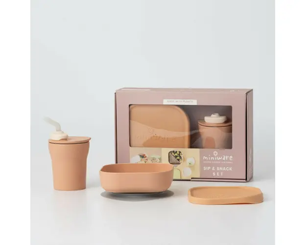 Set diversificare hrana bebelusi Miniware Sip&Snack, 100% din materiale naturale biodegradabile, 3 piese, Toffee