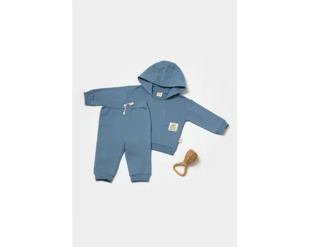 Set hanorac cu gluga si pantaloni, Two thread, 100%bumbac organic - Indigo, BabyCosy (Marime: 12-18 Luni)