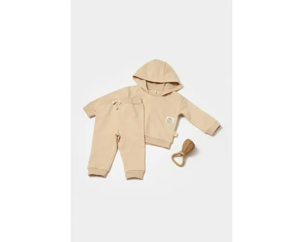 Set hanorac cu gluga si pantaloni, Two thread, 100%bumbac organic - Stone, BabyCosy (Marime: 9-12 luni)