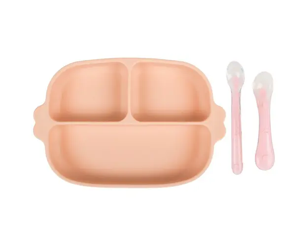 Kidscare - Set hranire bebe din silicon, 1 farfurie compartimentata cu ventuza, 2 lingurite marimi diferite, fara BPA, roz somon,