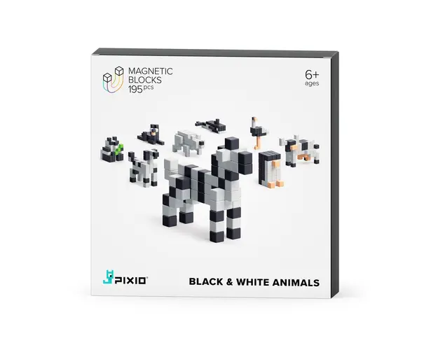Set joc constructii magnetice PIXIO Black & White Animals, 195 piese, aplicatie gratuita iOS sau Android