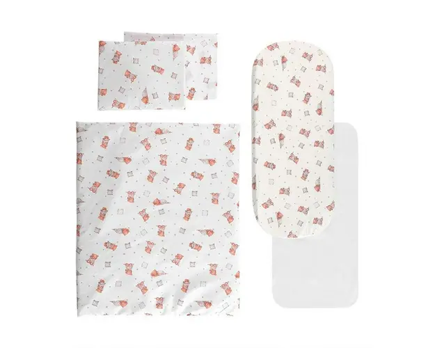 Set lenjerie pentru carucior, cu protectie impermeabila, 6 piese, Beige Bears & Pillows