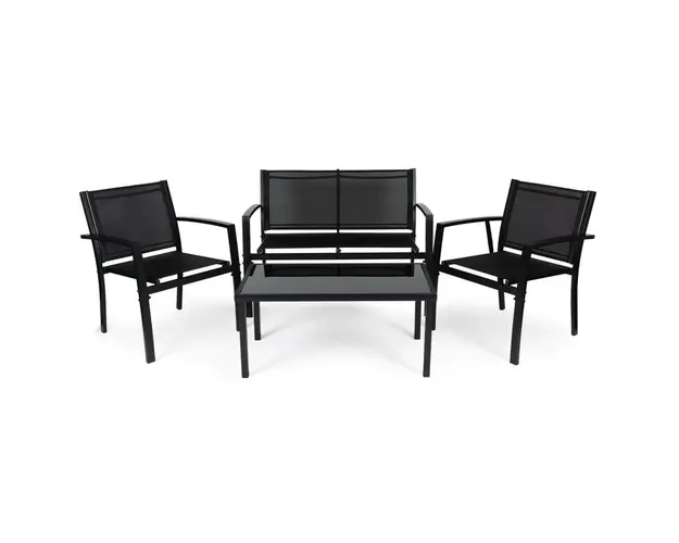 Set Mobilier pentru Gradina cu 4 Piese, 2 Scaune, Banca, Textilin, Masa, cu blat de sticla, Modern Home, FR-ITS020, Negru