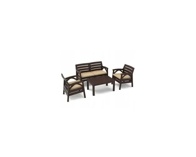 Set mobilier pentru gradina sau terasa, 4 persoane, maro, 1 masa, 2 scaune, 1 canapea cu 2 locuri
