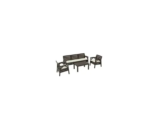 Set mobilier pentru gradina sau terasa, 5 persoane, maro, 1 masa, 2 scaune, 1 canapea cu 3 locuri