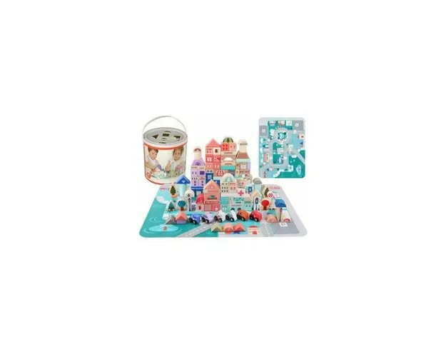 Set oras tip puzzle, din lemn pentru copii, blocuri cu numere si litere, 115 buc, LeanToys, 9831