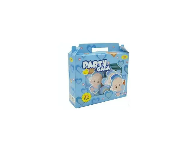 Set pentru petrecere copii, Bebelus albastru, 36 piese, ochelari, coifuri, pahare, farfurii, paie si suflatori