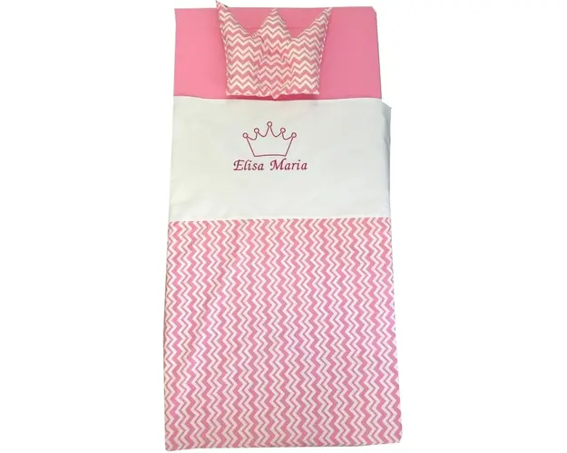 Deseda - Set Personalizat Paturica bebe cu Cearsaf si Pernuta pt pat 120x60 cm Zig zag roz