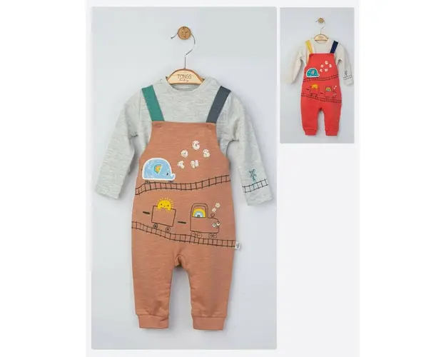 Set salopeta cu bluzita pentru bebelusi Choo Choo, Tongs baby (Culoare: Maro, Marime: 9-12 luni)