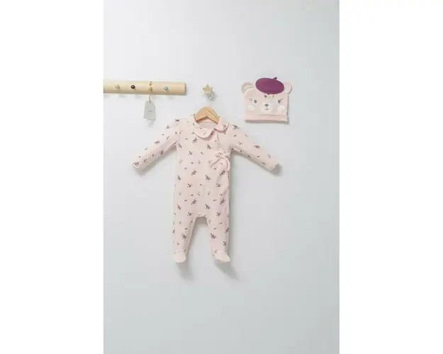 Set salopeta cu caciulita cu urechiuse pentru bebelusi Paris Love, Tongs baby (Culoare: Ecru, Marime: 6-9 luni)