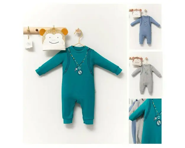 Set salopeta cu caciulita cu urechiuse pentru bebelusi Ursulet, Tongs baby (Culoare: Albastru, Marime: 3-6 Luni)