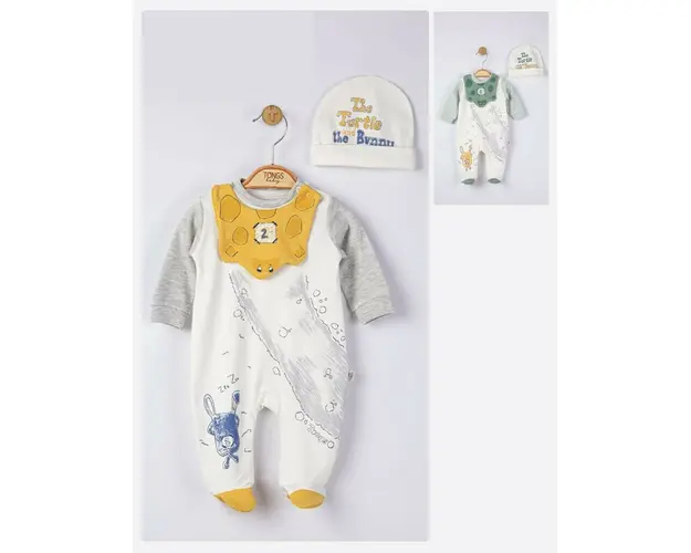 Set salopeta cu caciulita si baveta pentru bebelusi Broscuta, Tongs baby (Culoare: Galben, Marime: 6-9 luni)