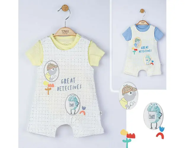 Set salopeta cu tricou Great detectives pentru bebelusi, Tongs baby (Culoare: Galben, Marime: 6-9 luni)